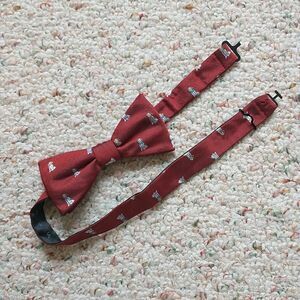 Pre Tied Bow Tie Mens Red All Over Dog Print Silk Blend Adjustable Novelty